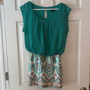 Love Reign Teal Blouson Mini Dress with Sequin Aztec Skirt